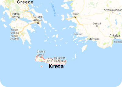 kaart van het Griekse Kreta tussen Griekenland en Turkije hemelsbreed boven de grens tussen Libië en Egypte op zo'n 400 km daarboven. Ook hemelsbreed 700 km westelijk van Cyprus